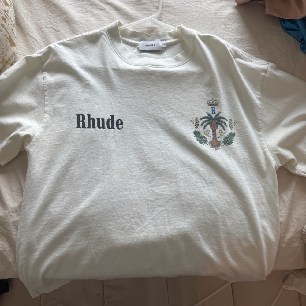 Rhude Cream Tee with Embroidered Palm and Script Logo